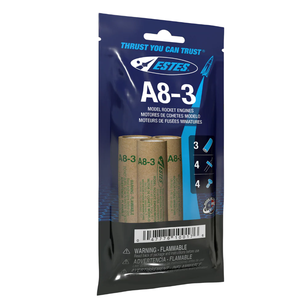 Estes A8-3 model rocket engines packaging on a white background