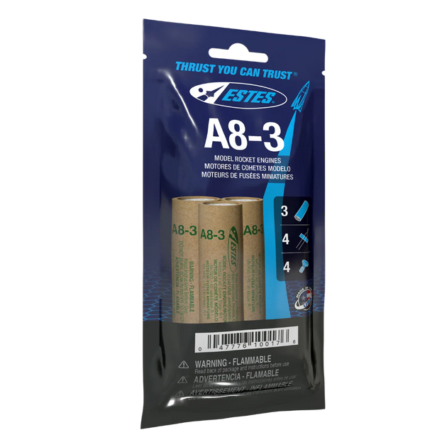 Estes A8-3 model rocket engines packaging on a white background