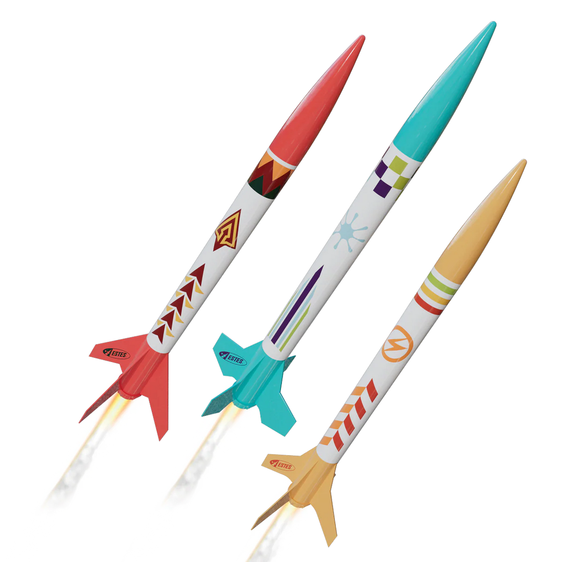 Three colorful model rockets on a white background