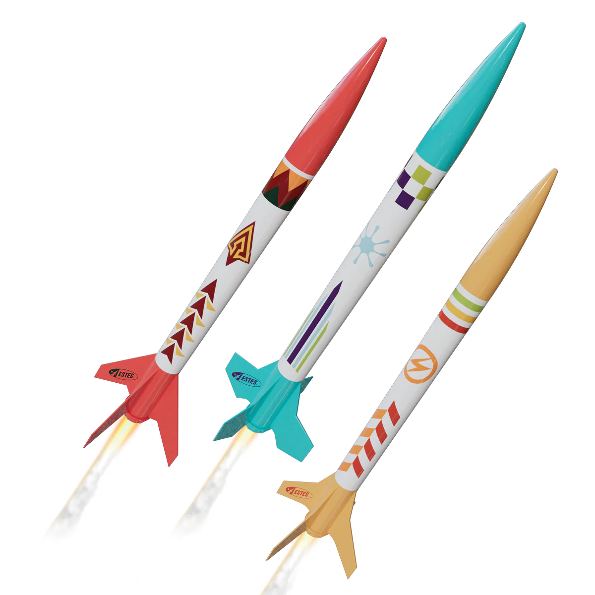 Three colorful model rockets on a white background