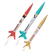Three colorful model rockets on a white background