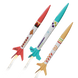 Three colorful model rockets on a white background