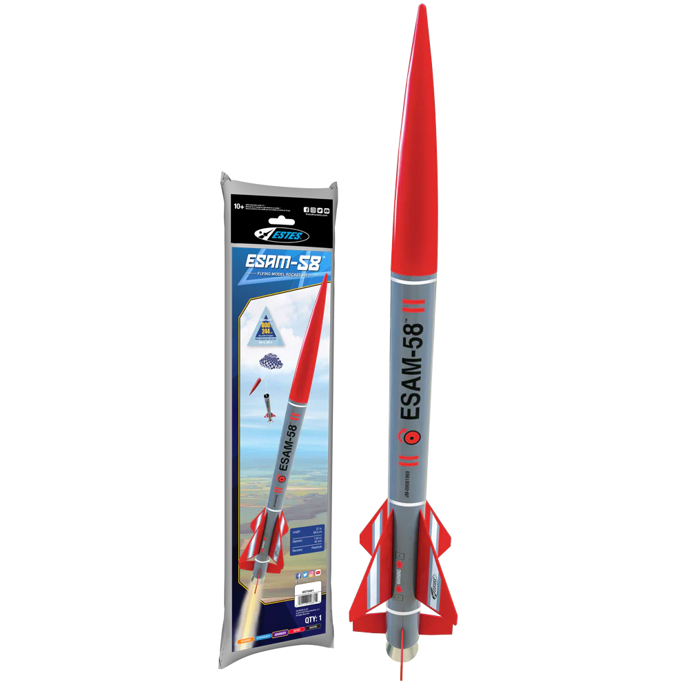 estes 0661 ESAM-58 model rocket kit Model rocket with packaging on a white background