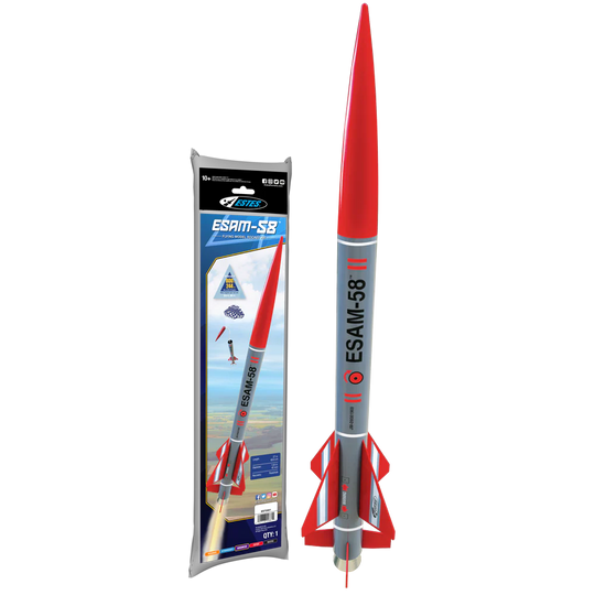 estes 0661 ESAM-58 model rocket kit Model rocket with packaging on a white background