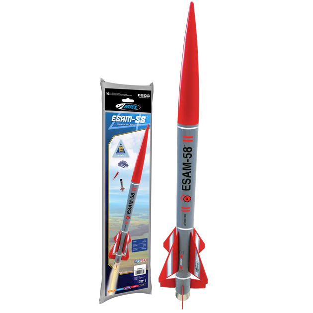 estes 0661 ESAM-58 model rocket kit Model rocket with packaging on a white background