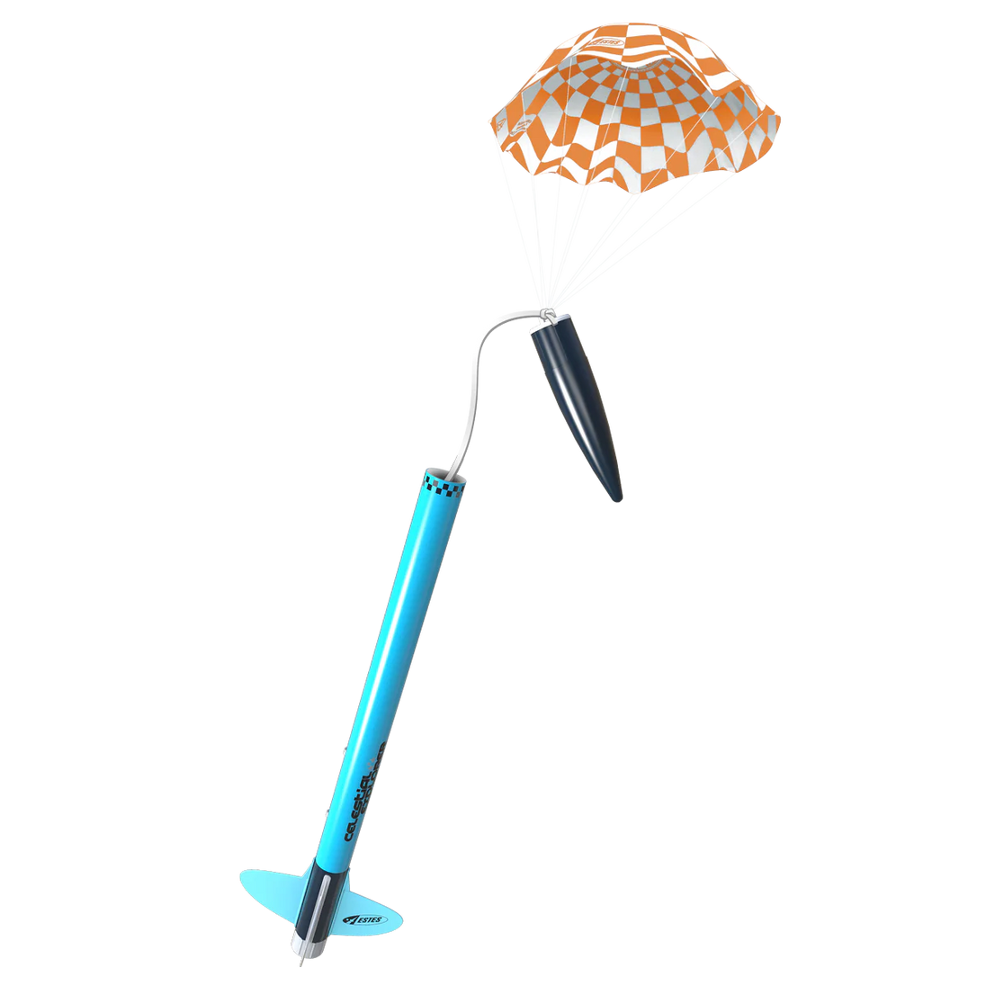 blue model rocket kit with parachute