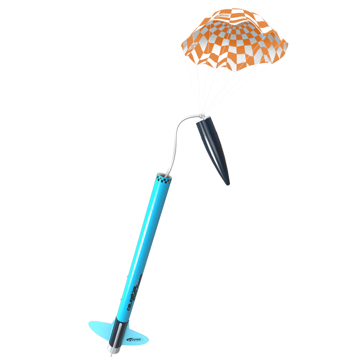 blue model rocket kit with parachute
