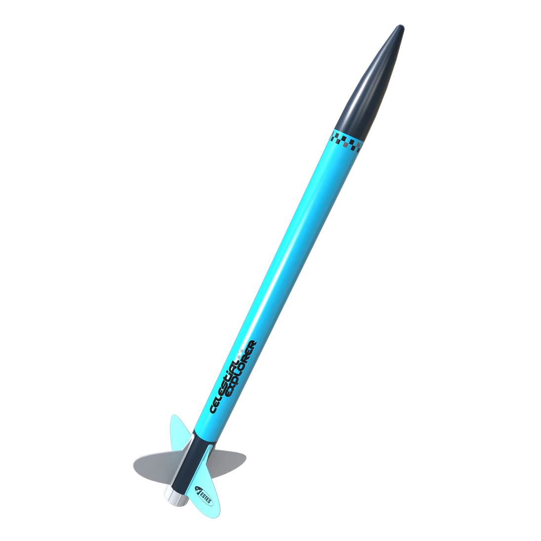 Model rocket with blue body and black nose cone on a white background