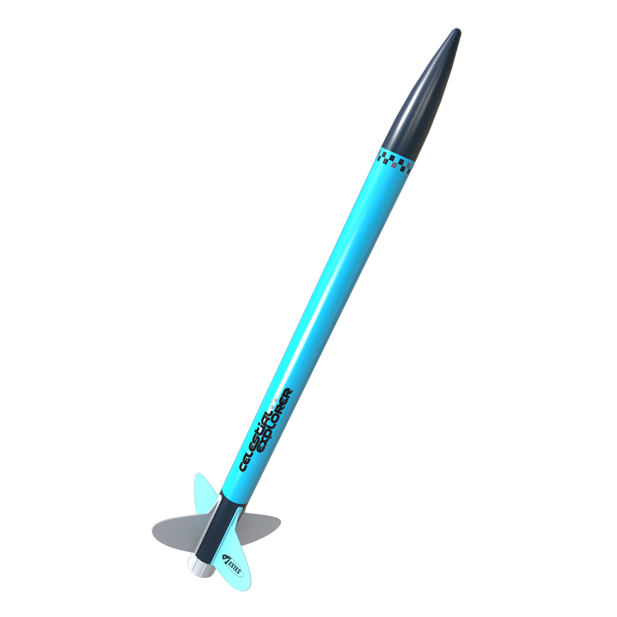 Model rocket with blue body and black nose cone on a white background