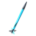 Model rocket with blue body and black nose cone on a white background