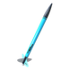 Model rocket with blue body and black nose cone on a white background