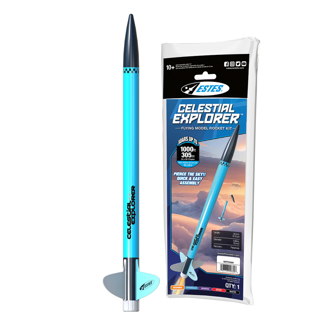 Estes Celestial Explorer model rocket kit with rocket and packaging on a white background
