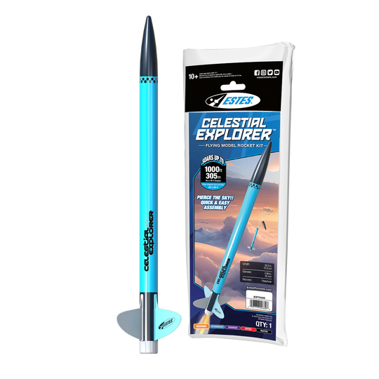 Estes Celestial Explorer model rocket kit with rocket and packaging on a white background
