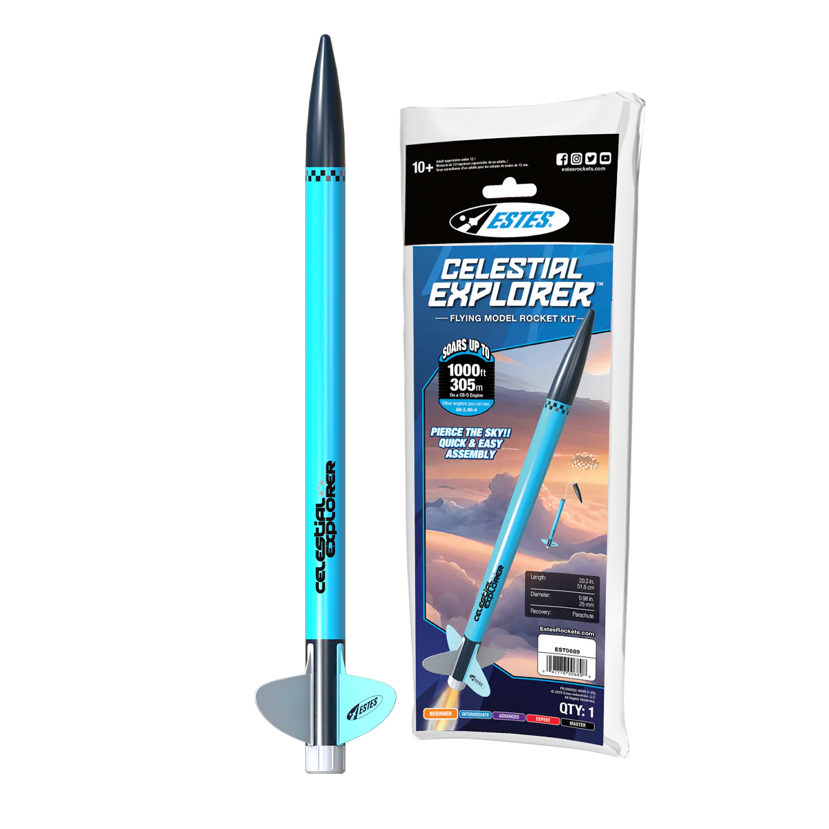 Estes Celestial Explorer model rocket kit with rocket and packaging on a white background