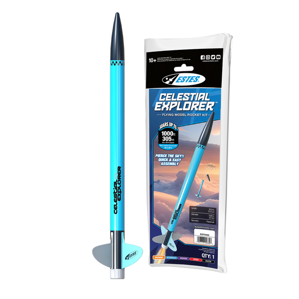 Estes Celestial Explorer model rocket kit with rocket and packaging on a white background