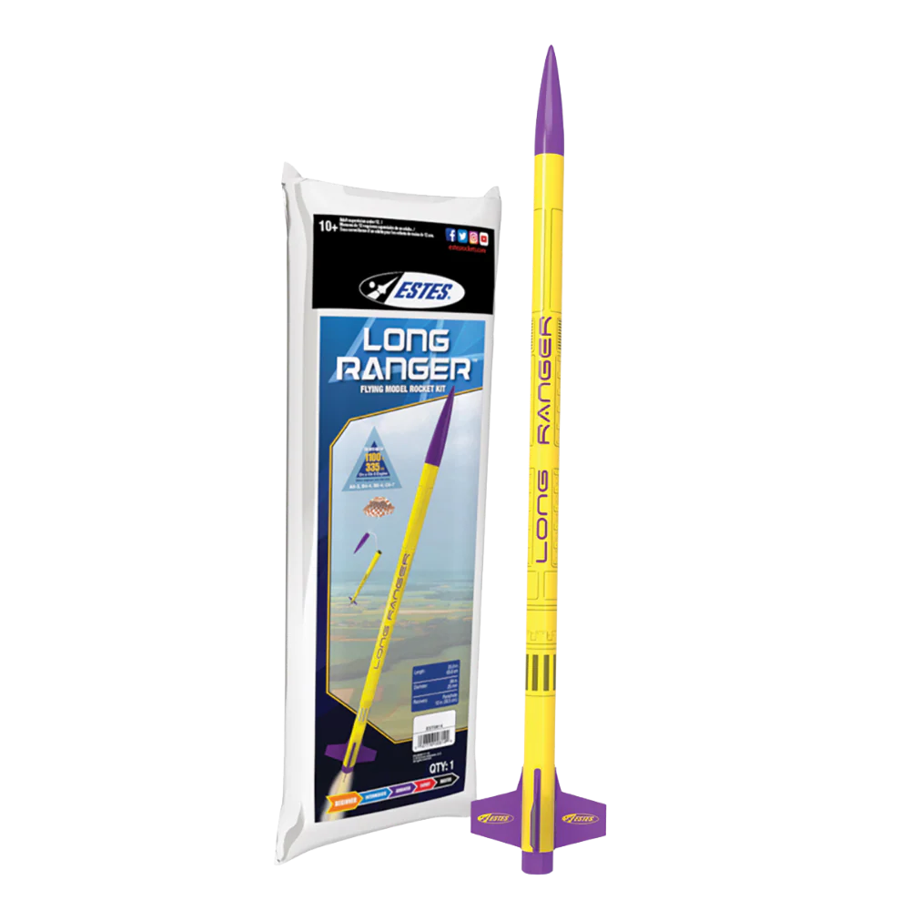 A Estes Long Ranger full scale model rocket shown next to its retail packaging on a plain white background.