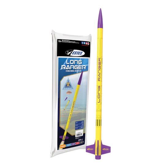 A Estes Long Ranger full scale model rocket shown next to its retail packaging on a plain white background.