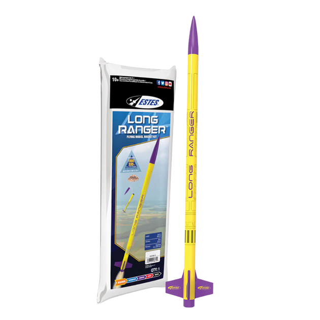 A Estes Long Ranger full scale model rocket shown next to its retail packaging on a plain white background.