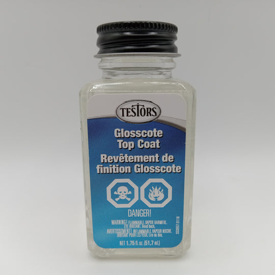 Bottle of Testors Glosscote Top Coat on a white background