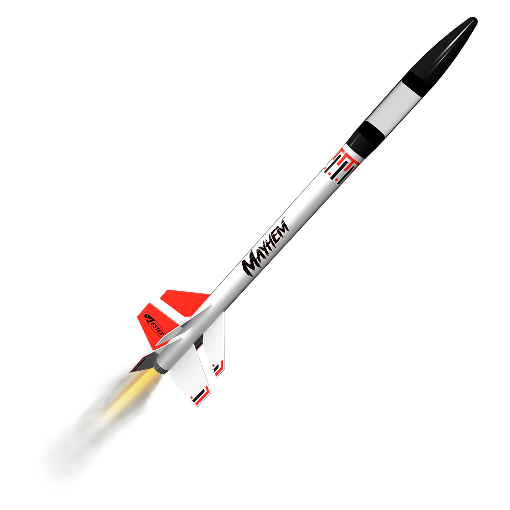 Model rocket with 'Mayhem' branding on a white background