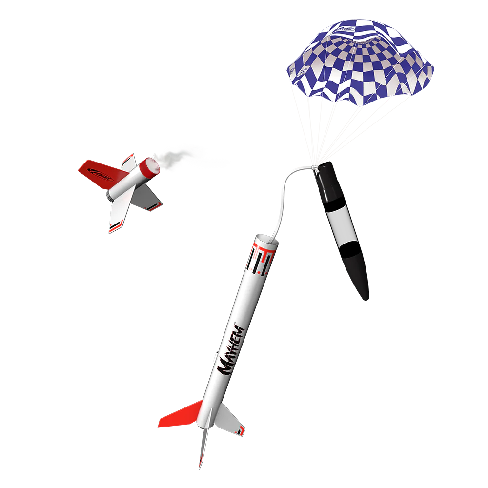 Model rocket and checkered flag on a white background