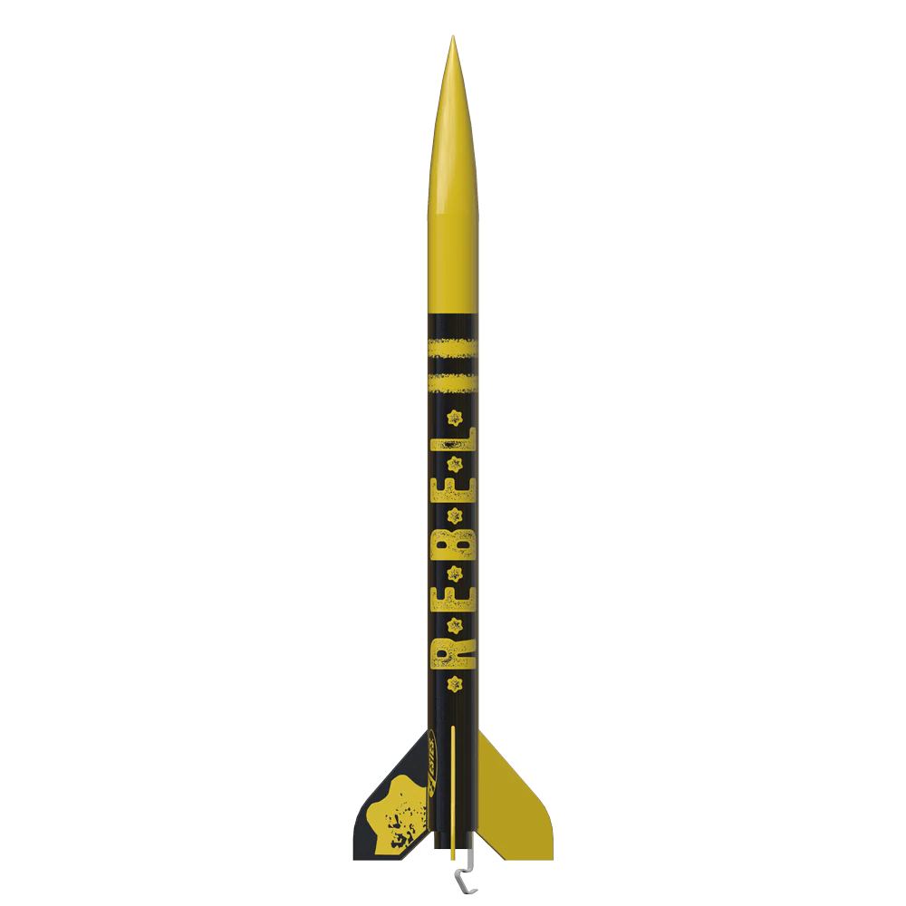 A yellow and black rocket model with 'REBEL' printed vertically on the body, shown upright against a plain white background.