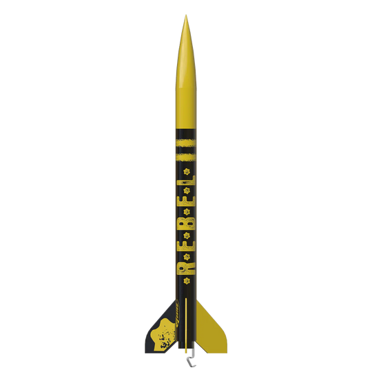 A yellow and black rocket model with 'REBEL' printed vertically on the body, shown upright against a plain white background.