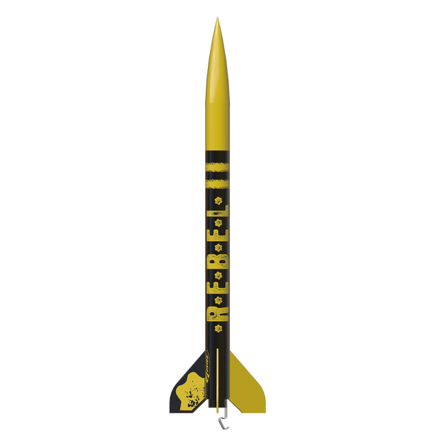 A yellow and black rocket model with 'REBEL' printed vertically on the body, shown upright against a plain white background.
