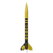 A yellow and black rocket model with 'REBEL' printed vertically on the body, shown upright against a plain white background.
