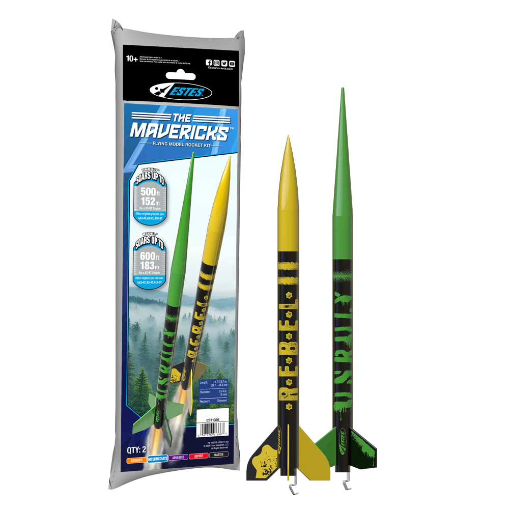 A package of Estes The Mavericks toy rocket set shown next to two assembled rockets, one yellow and one green, on a plain white background.