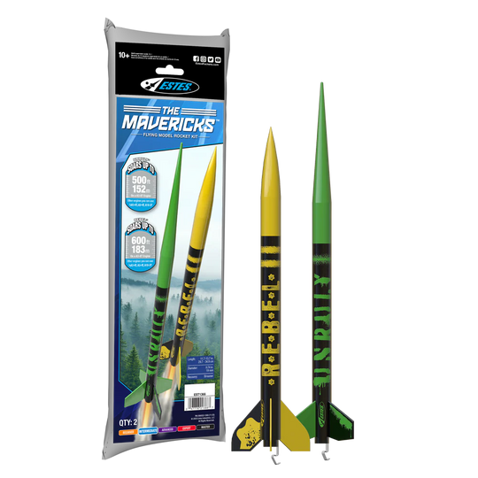 A package of Estes The Mavericks toy rocket set shown next to two assembled rockets, one yellow and one green, on a plain white background.