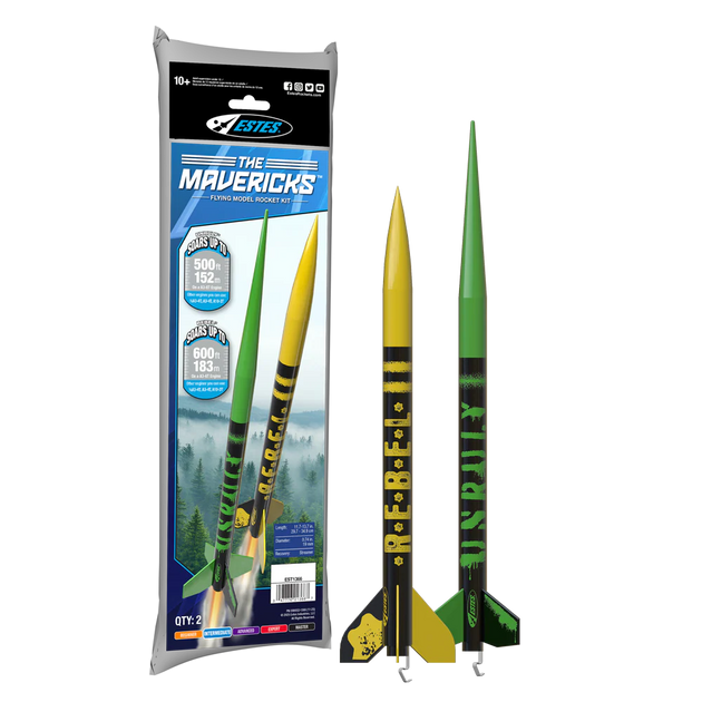 A package of Estes The Mavericks toy rocket set shown next to two assembled rockets, one yellow and one green, on a plain white background.