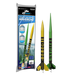A package of Estes The Mavericks toy rocket set shown next to two assembled rockets, one yellow and one green, on a plain white background.