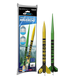 A package of Estes The Mavericks toy rocket set shown next to two assembled rockets, one yellow and one green, on a plain white background.