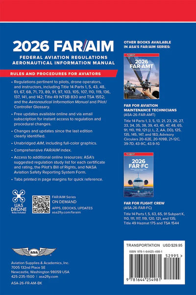 Back cover of a book titled '2026 FAR/AIM Federal Aviation Regulations Aeronautical Information Manual' with text and a QR code.