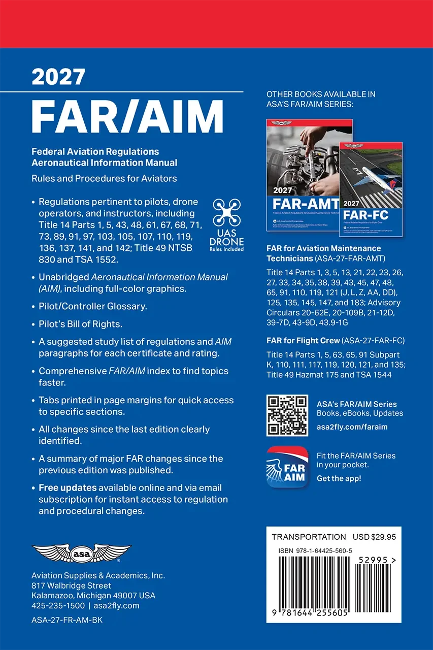 Back cover of the 2027 FAR/AIM Federal Aviation Regulations Aeronautical Information Manual, featuring a red and blue design with white text, a QR code, logos for Drone and FAA, and a barcode.
