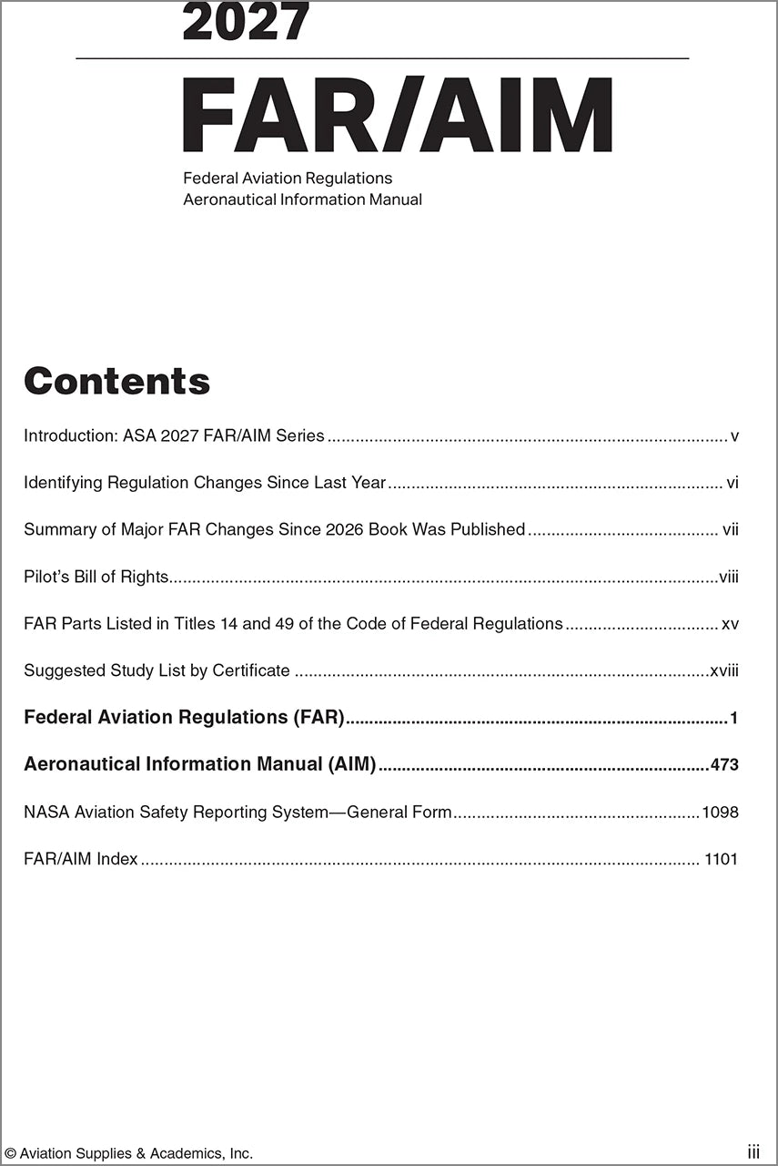 A black-and-white scan of the Table of Contents page for the FAA/AIM 2027 Federal Aviation Regulations Aeronautical Information Manual.