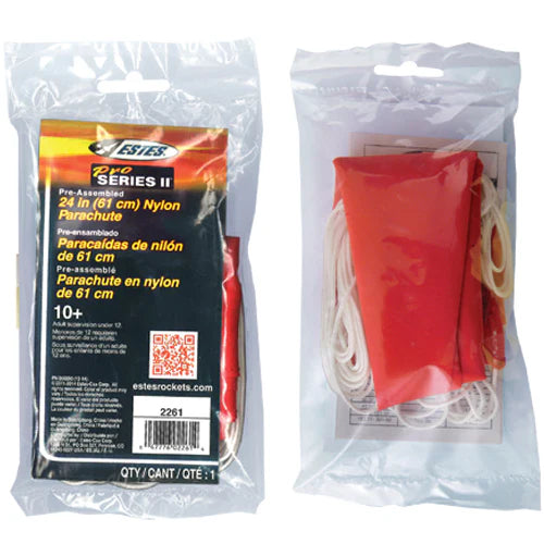 Estes Pro Series II nylon parachute kit packaging with red parachute and white strings.