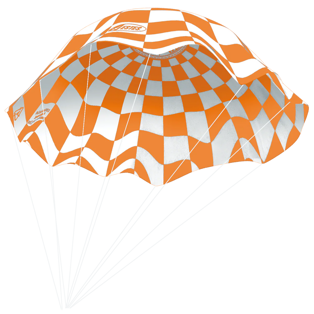 Orange and white checkered parasail with a brand logo on a white background