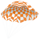 Orange and white checkered parasail with a brand logo on a white background