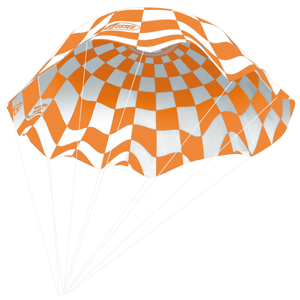 Orange and white checkered parasail with a brand logo on a white background