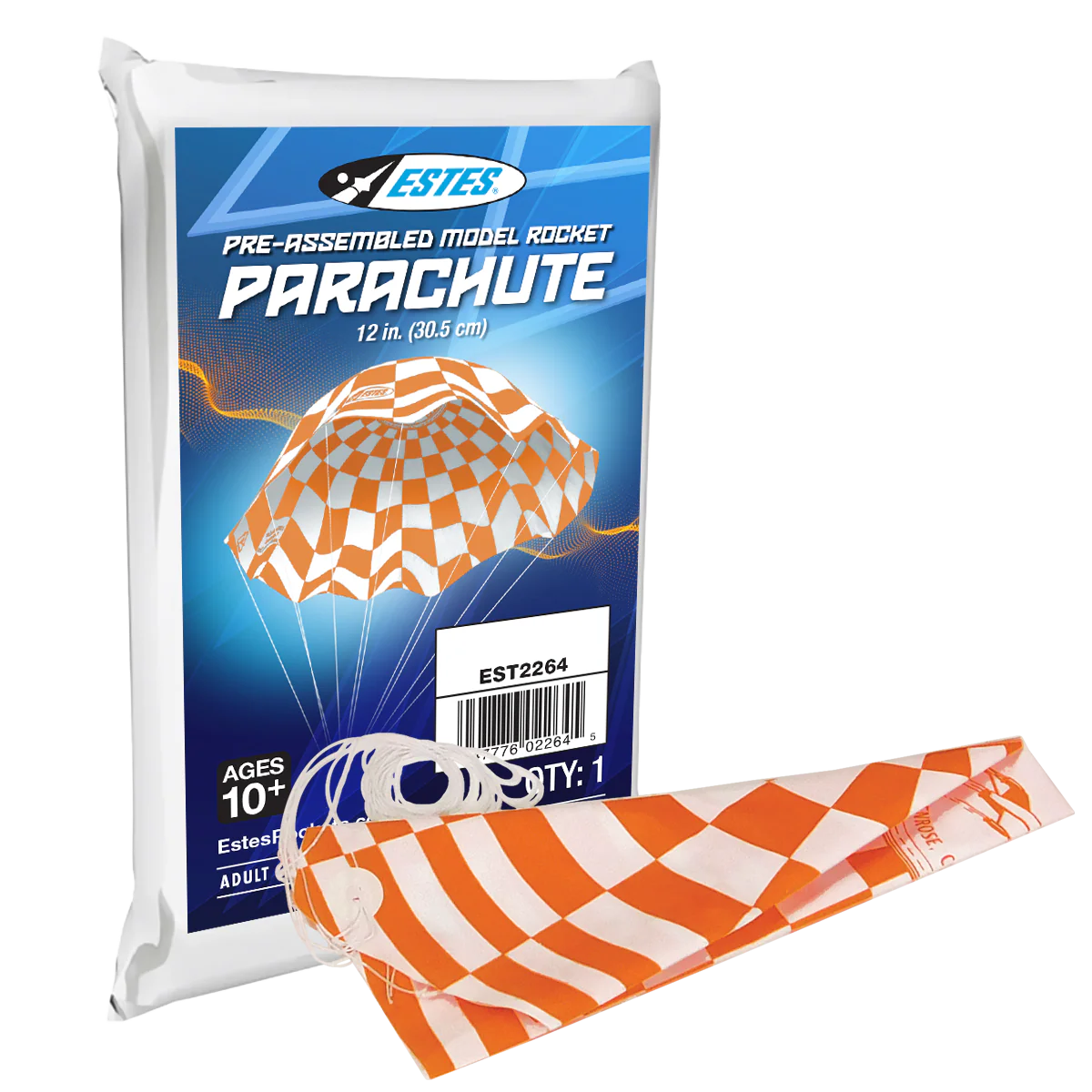 Estes pre-assembled model rocket parachute packaging with orange and white design.