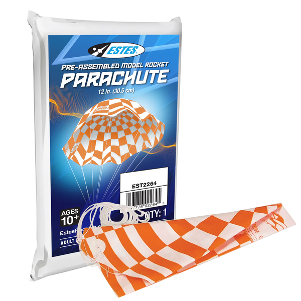 Estes pre-assembled model rocket parachute packaging with orange and white design.