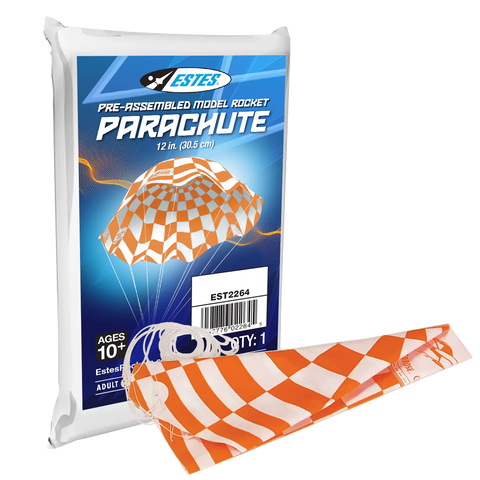 Estes pre-assembled model rocket parachute packaging with orange and white design.