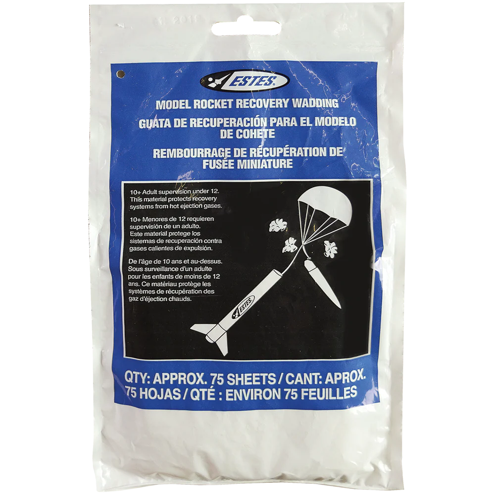 Estes model rocket recovery wadding packaging with blue label and white sheets.