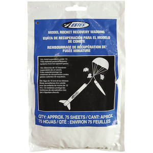Estes model rocket recovery wadding packaging with blue label and white sheets.