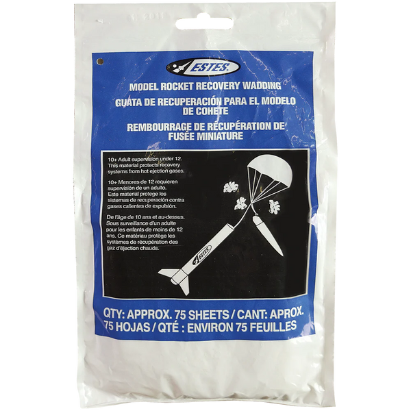 Estes model rocket recovery wadding packaging with blue label and white sheets.