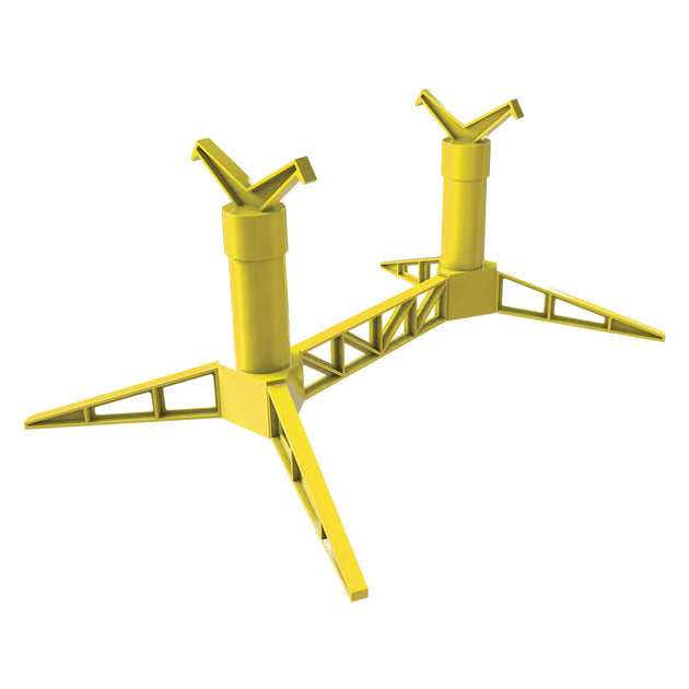 Yellow metal rocket stand on a white background