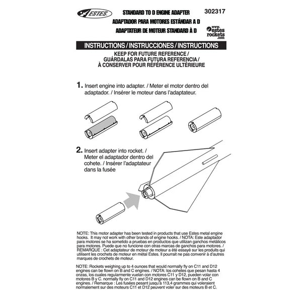 Instruction sheet for Estes Standard to D engine adapter with diagrams and text.