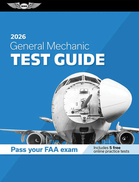 Book cover of '2026 General Mechanic Test Guide' with an airplane on a blue background